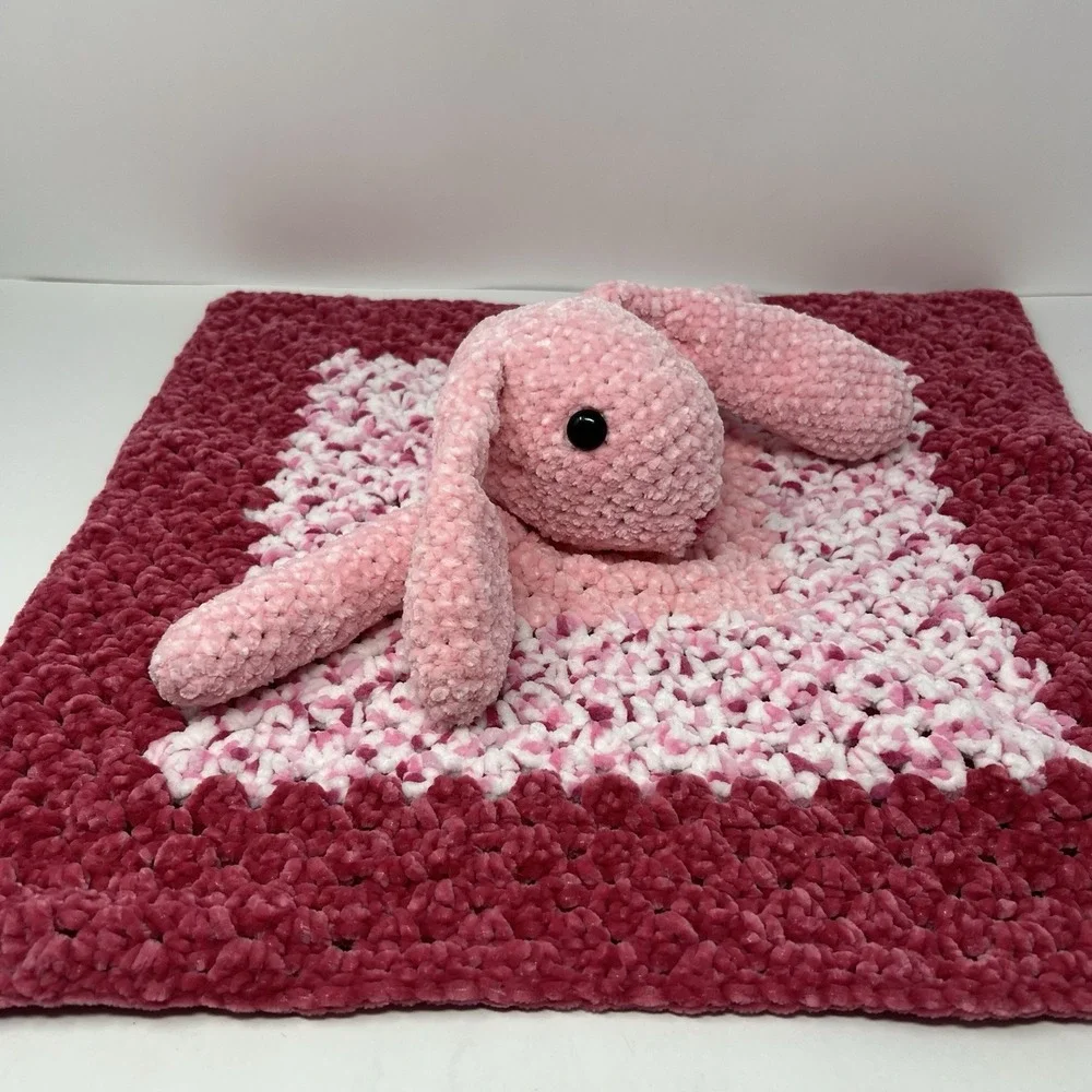 Handmade Crochet Bunny Lovey 20in Pink Security Blanket Plush Soft Toy